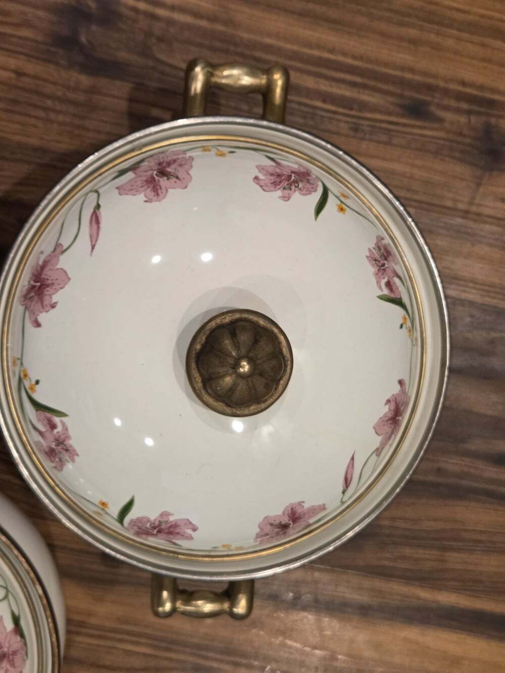 Vintage Normandy Pink Lily Enamelware Cookware Set Brass Floral 3Pc - Picture 2 of 12